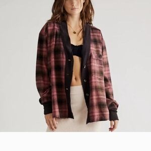 Free People shacket jacket cardigan flannel plaid XS oversized button down fit L